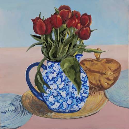 24x24 Red Tulips on Pink